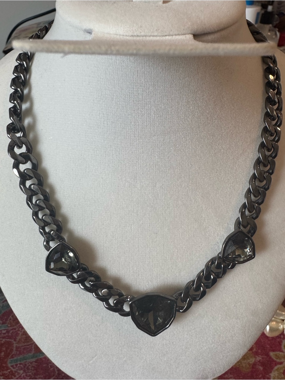 Givenchy Gunmetal Chain Necklace with Dark Gray Stones 16 inches
